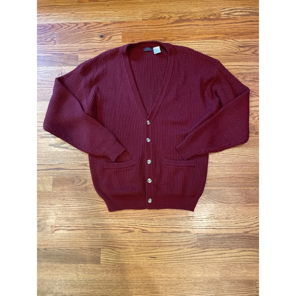 Vintage‎ Saugatuck Men's Cardigan Sweater Large Burgundy Ribbed Knit Fisherman